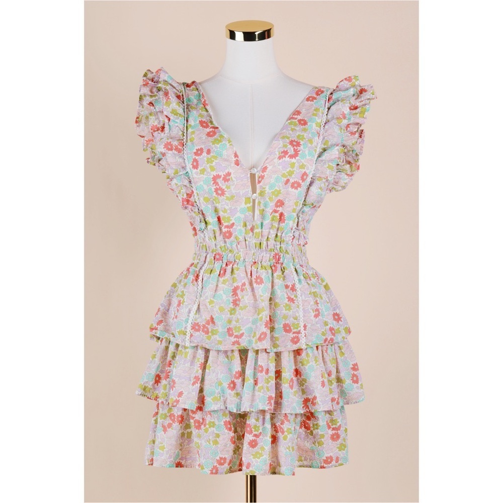 Sz S Anthropologie Love The Label Ines Floral Ruffle Tiered Cotton Mini Dress - Picture 2 of 5